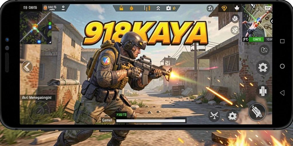 Screenshot gameplay 918KAYA menunjukkan aksi tembak-menembak yang intens.