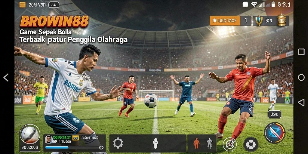 Screenshot gameplay BROWIN88 menampilkan aksi seru di lapangan sepak bola.