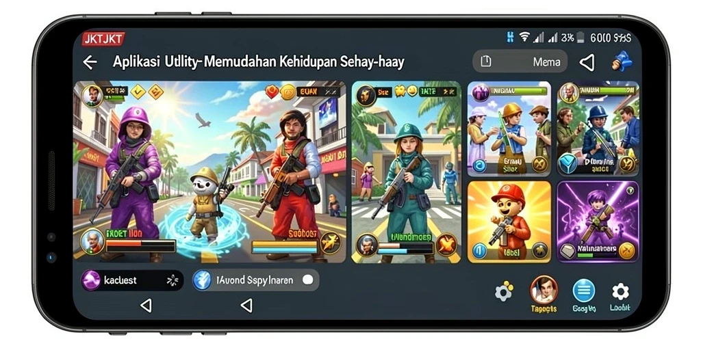 Tampilan utama aplikasi JKTJKT dengan berbagai fitur utility.