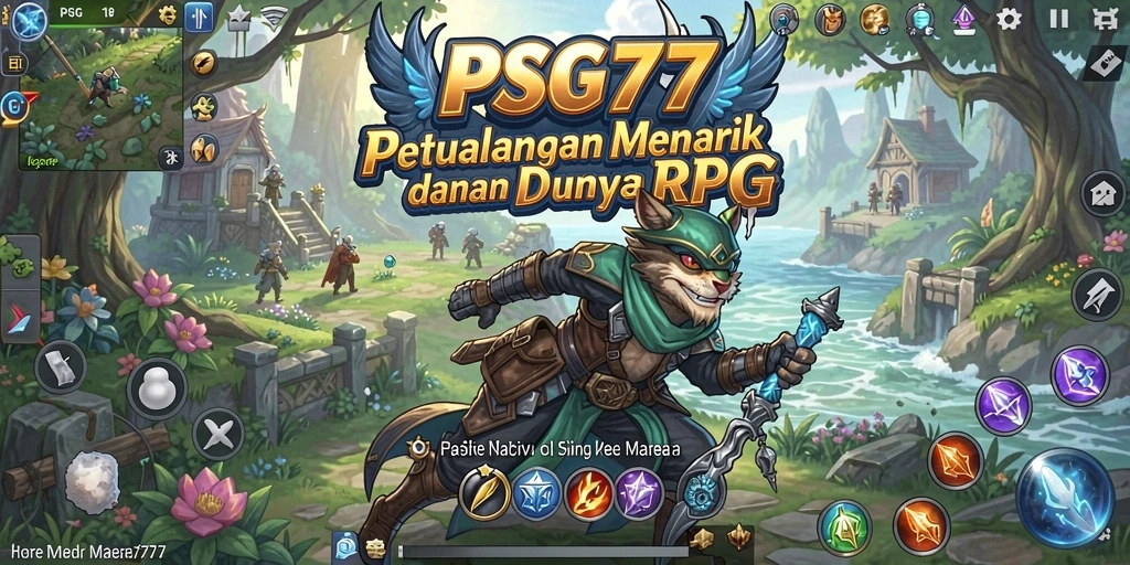 Screenshot utama PSG77 menampilkan aksi pertarungan dalam dunia RPG yang kaya.